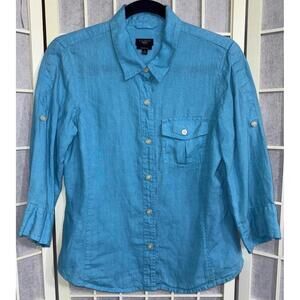Talbots Petites 100% Pure Irish Linen Quiet Luxury Button Up Pocket Blouse Top S
